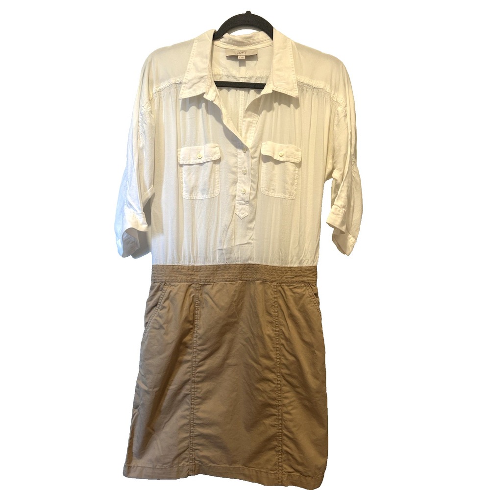 LOFT Women’s 8 White/Beige Collared Button Front Dress Pockets Long Sleeve EUC